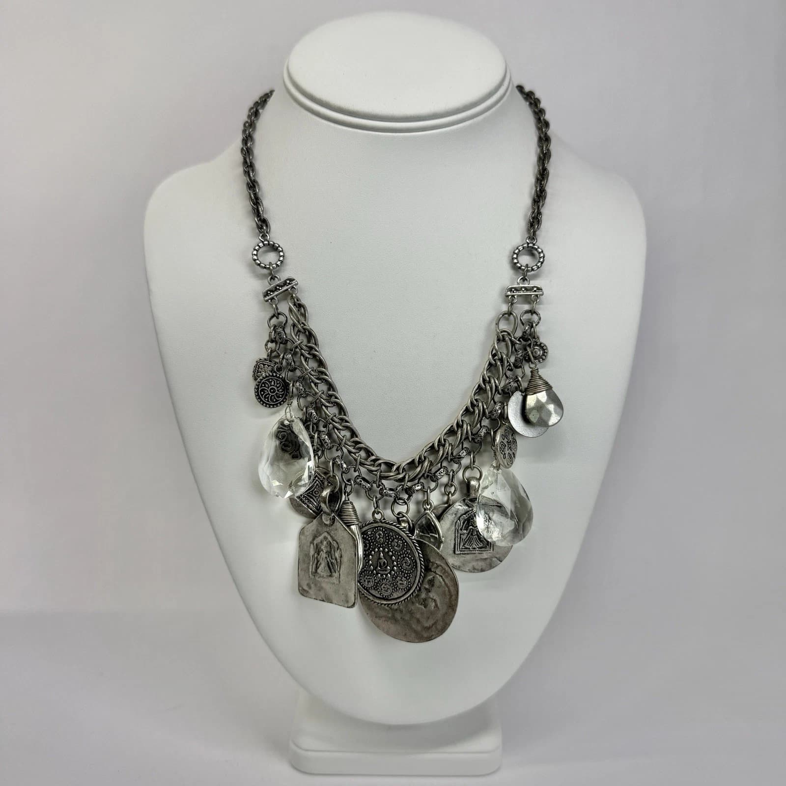 CHICO’S Multi-Charm Religious Medal Silver Tone Vintage Necklace Jewelry N581