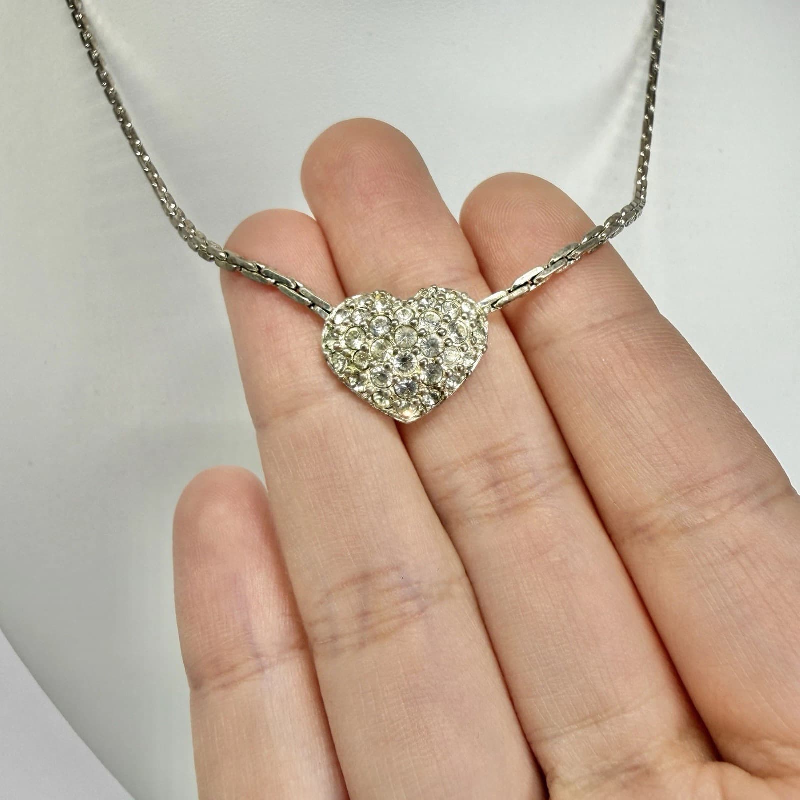 SWAROVSKI Pavé Puffed Heart Crystal Silver Tone Vintage Necklace Jewelry N600