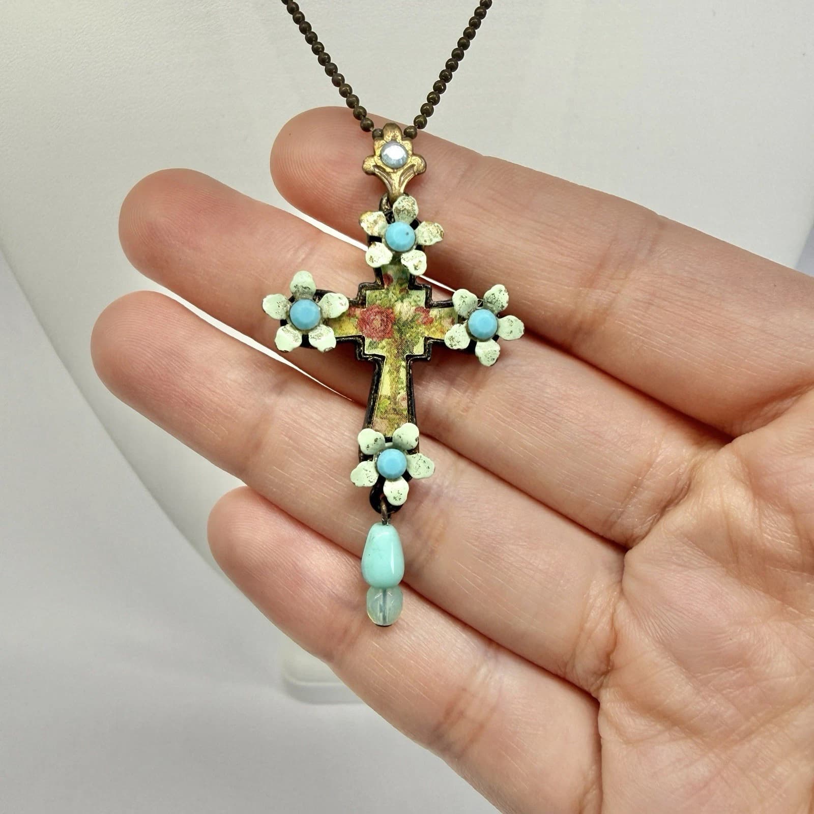 MICHAL NEGRIN Floral Swarovski Cross Pendant Vintage Necklace Jewelry N725