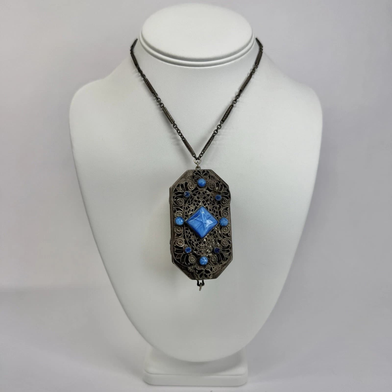 Art Deco Czech Blue Stones Filigree Locket Vintage Necklace Jewelry N520