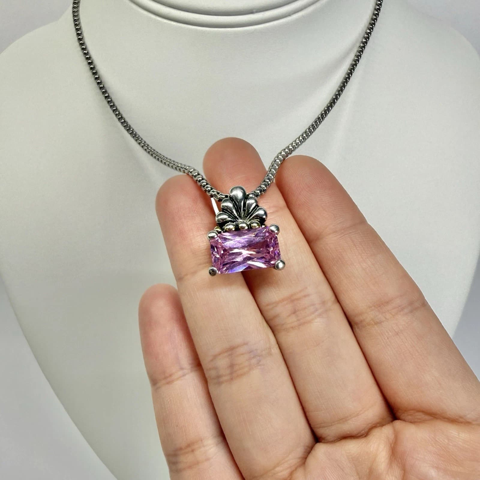 Elegant Ornate Pink Gemstone Pendant Silver Tone Vintage Necklace Jewelry N602