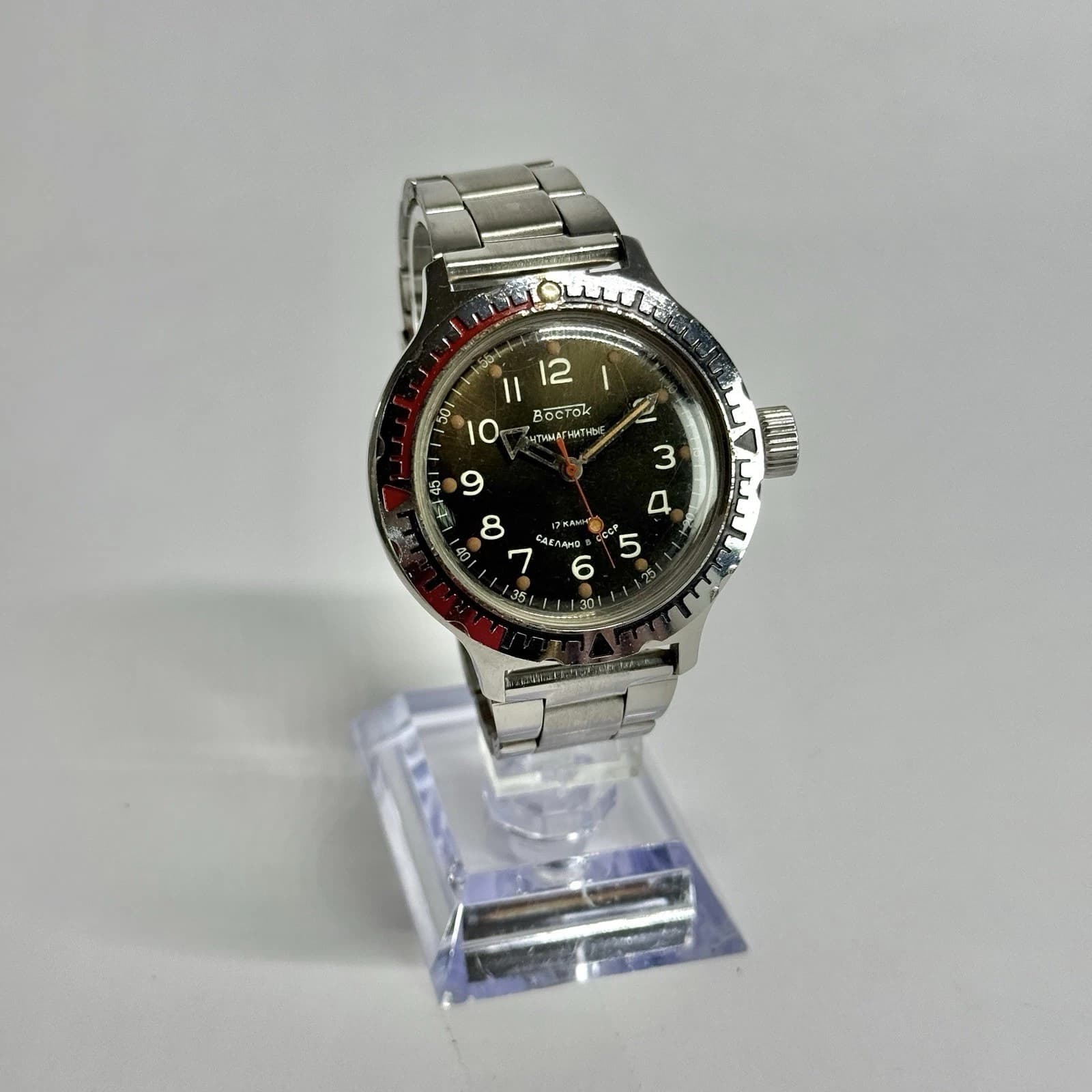 VOSTOK Amphibian 17J Russian Silver Tone Men Vintage Watch W598 *WORKING