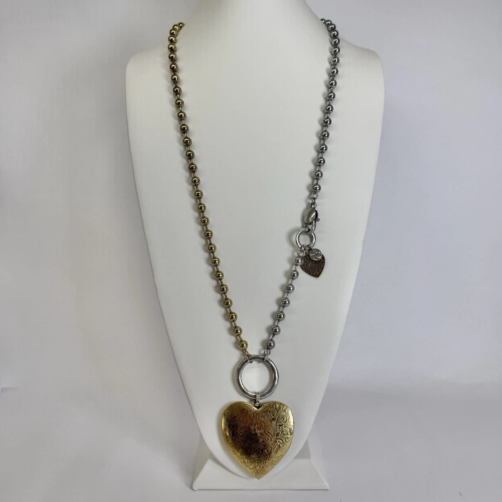 LIZOU Large Ornate Heart Locket Pendant Two Tone Vintage Necklace Jewelry N321
