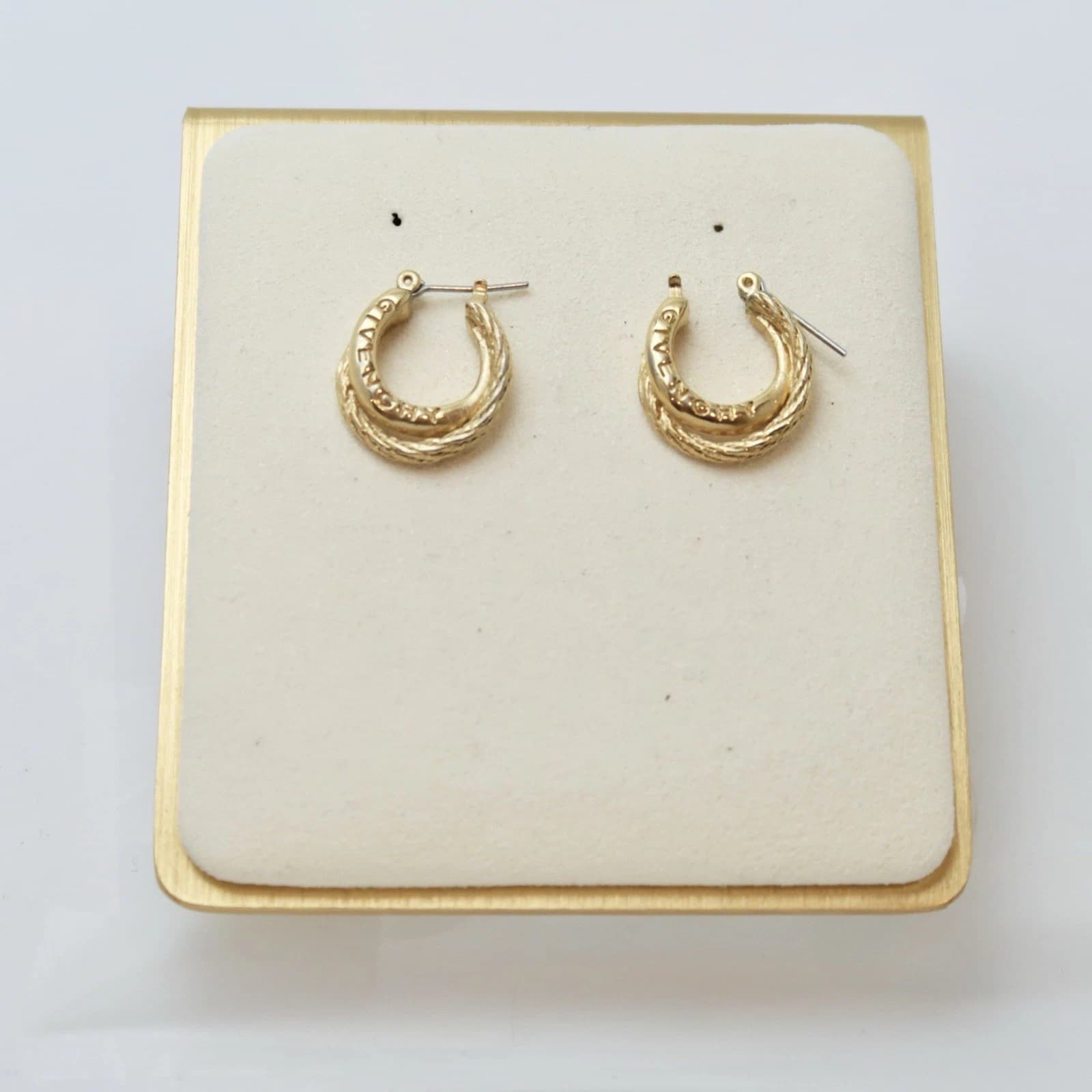 GIVENCHY Embossed Logo Hoop Twisted Gold Tone Vintage Earring Jewelry E66