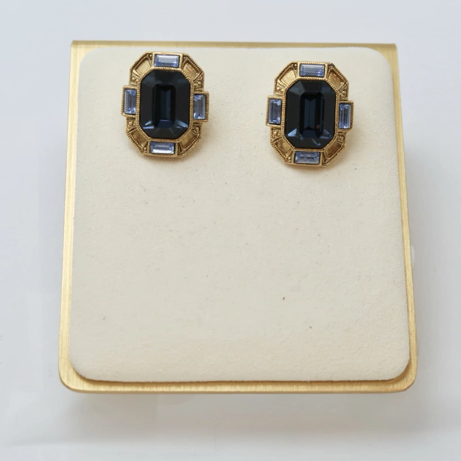 1928 Art Deco Blue Rhinestone Gold Tone Vintage Clip On Earring Jewelry E58