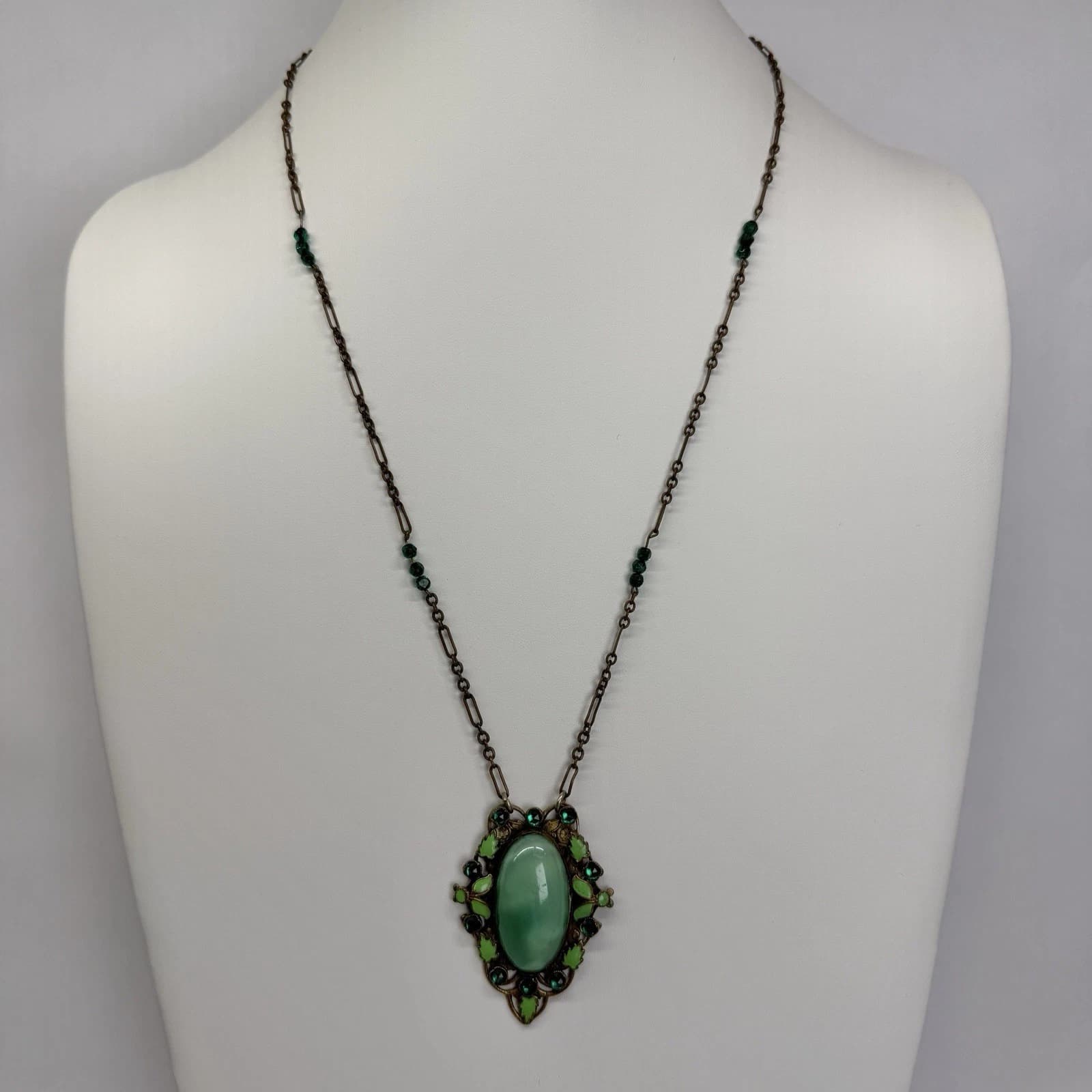 Art Deco Czech Brass Green Glass Enamel Gold Tone Vintage Necklace Jewelry N248