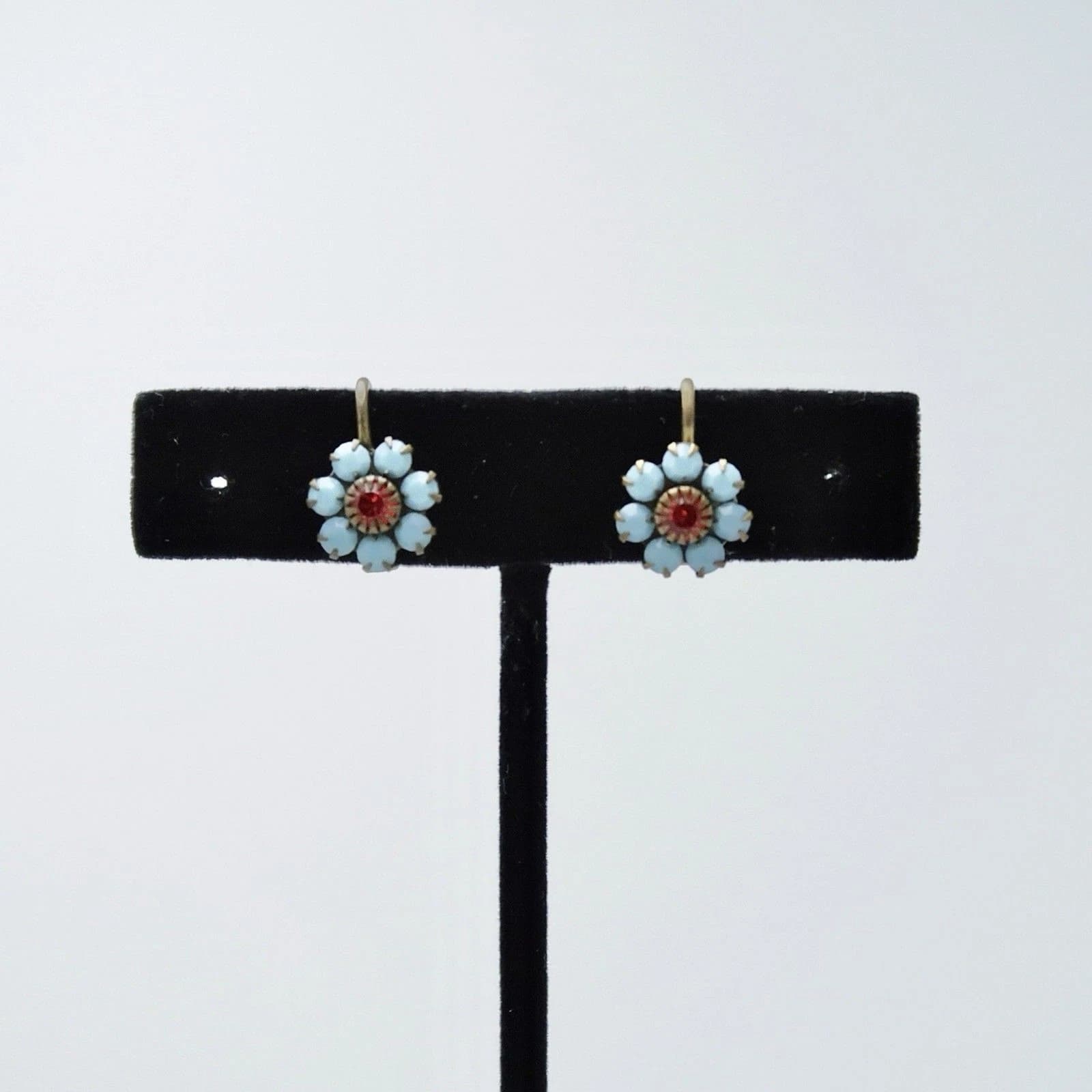 LIZ PALACIOS Blue AB Crystal Floral Brass Vintage Earring Jewelry E114