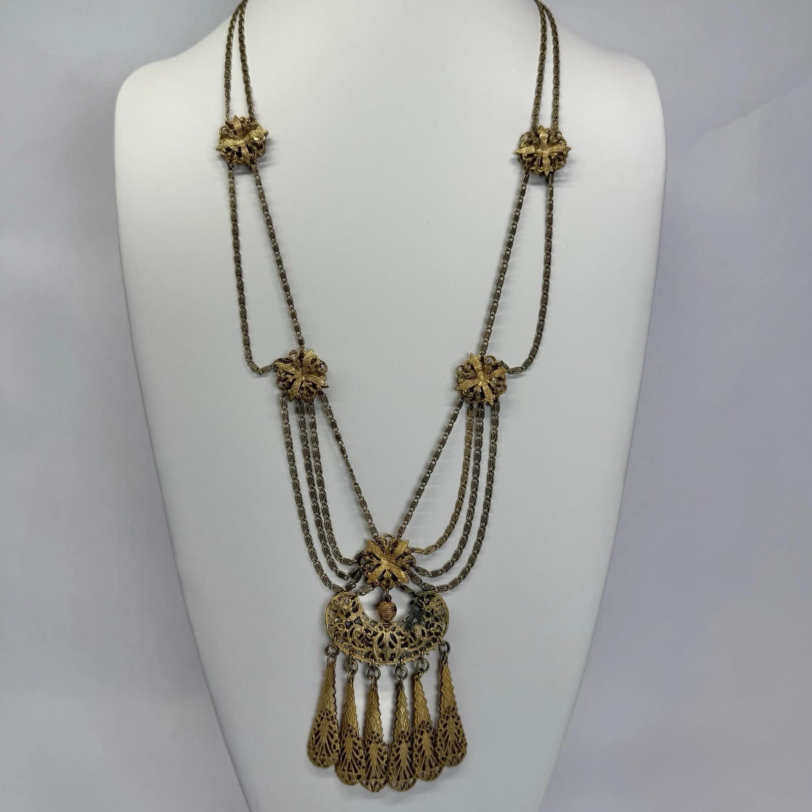 Etruscan Revival Ornate Brass Filigree Dangle Vintage Necklace Jewelry N233