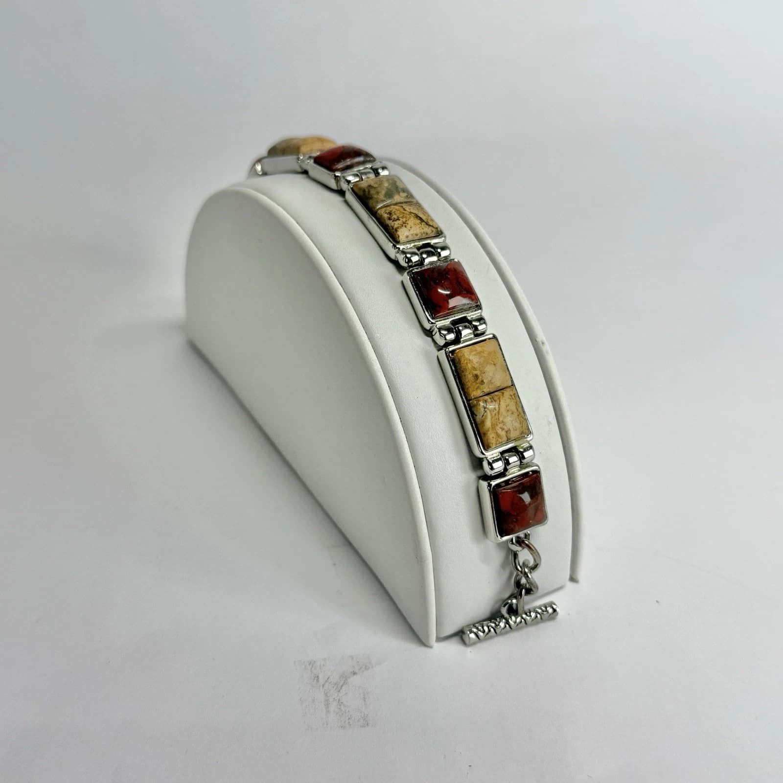 Elegant Agate Stone Chain Link Panel Silver Tone Vintage Bracelet Jewelry Br210