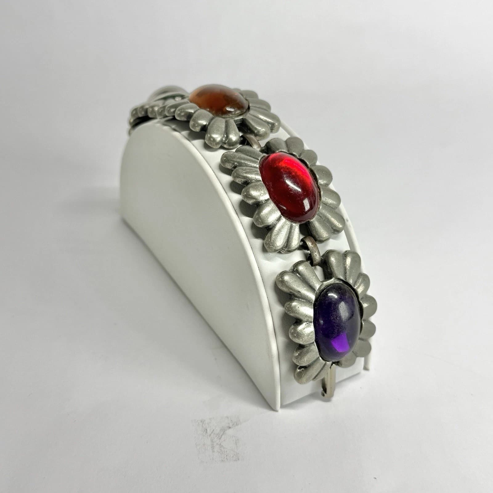 Chunky Artisan Multicolor Floral Silver Tone Vintage Bracelet Jewelry Br198