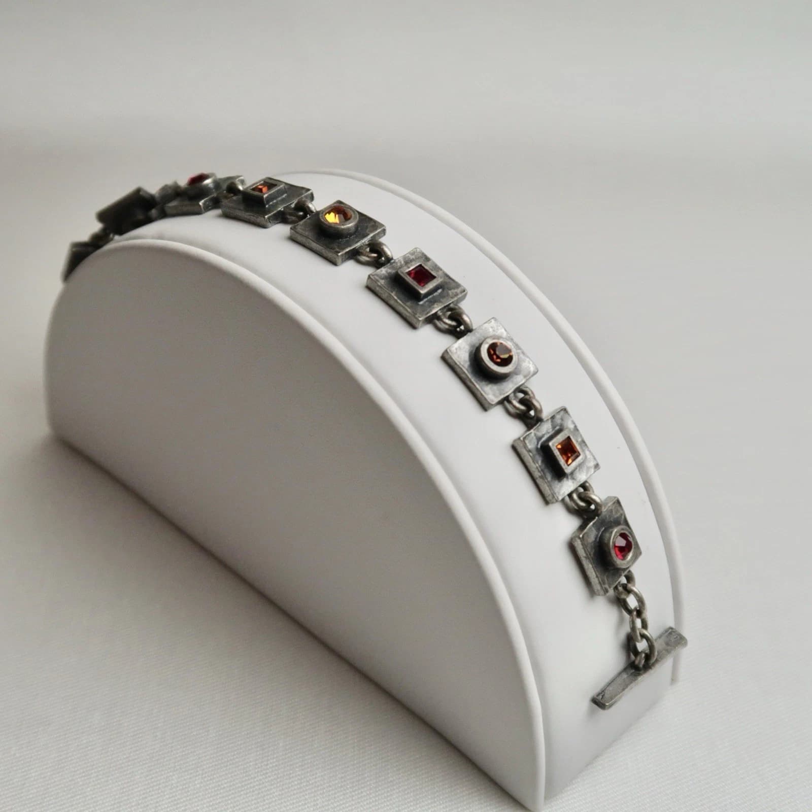 M4M Red Rhinestone Silver Tone Geometric Vintage Bracelet Jewelry Br53