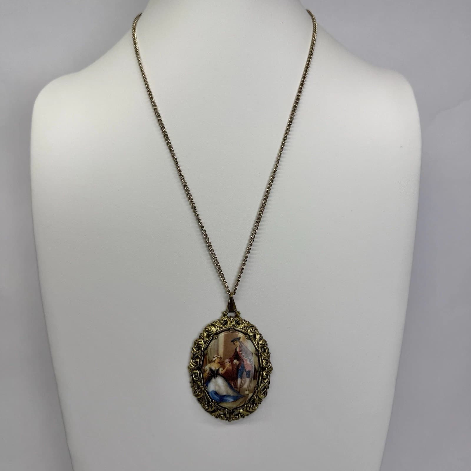 WEST GERMANY Courting Couple Filigree Brass Vintage Necklace Jewelry N258