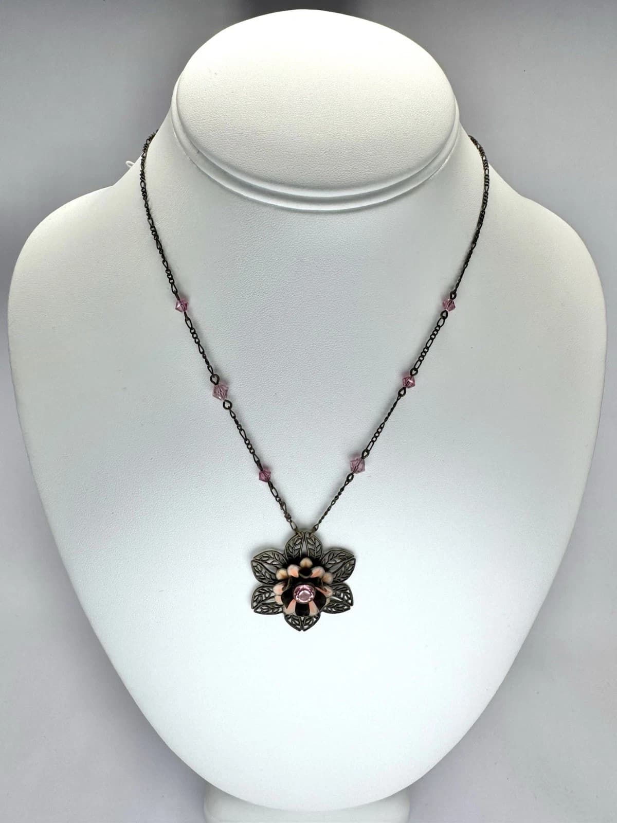 LIZ PALACIOS Brass Pink Swarovski Crystal Bead Floral Vintage Necklace N119