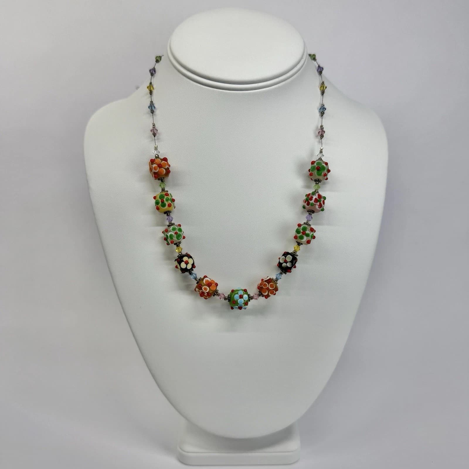 Elegant Glass Beaded Lampwork Colorful Silver Tone Vintage Necklace Jewelry N630