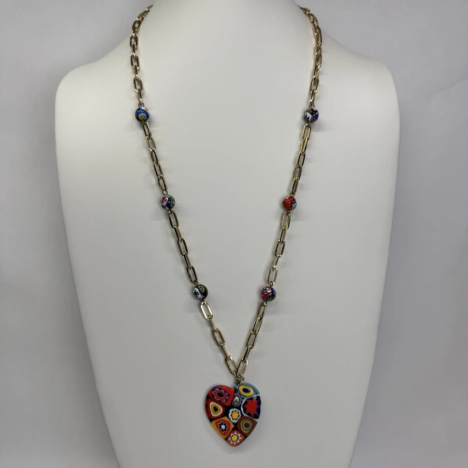 Italian Venetian Murano Glass Heart Love Gold Tone Vintage Necklace Jewelry N249