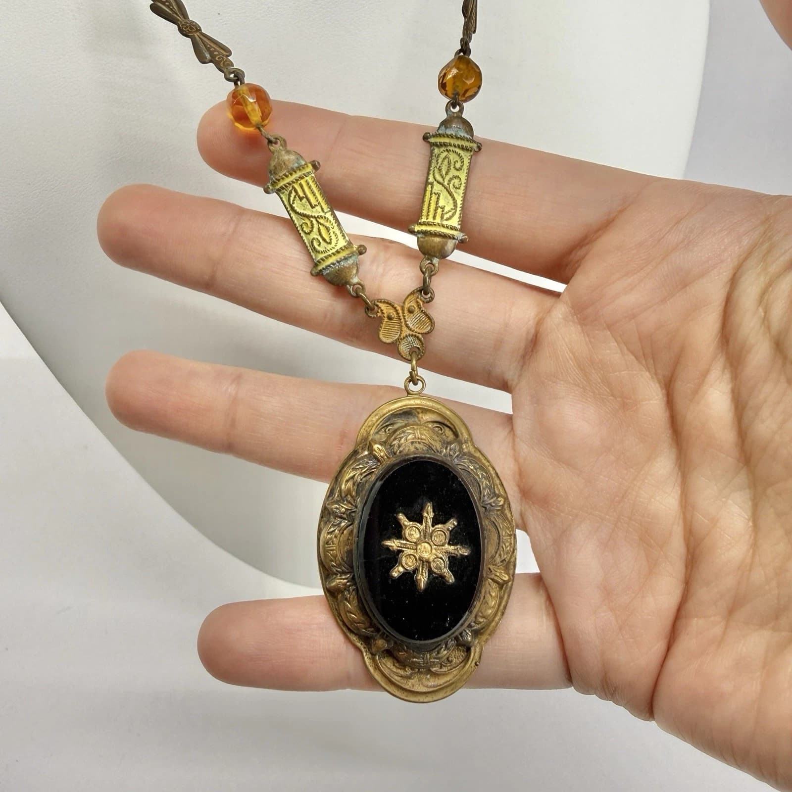 CZECHOSLOVAKIA Mourning Cameo Pendant Brass Vintage Necklace Jewelry N496