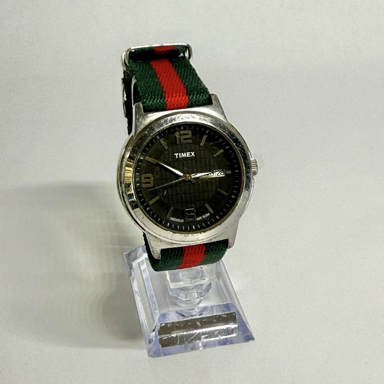 TIMEX Indiglo WR 50M Day/Date Silver Tone Vintage Watch W441 *WORKING
