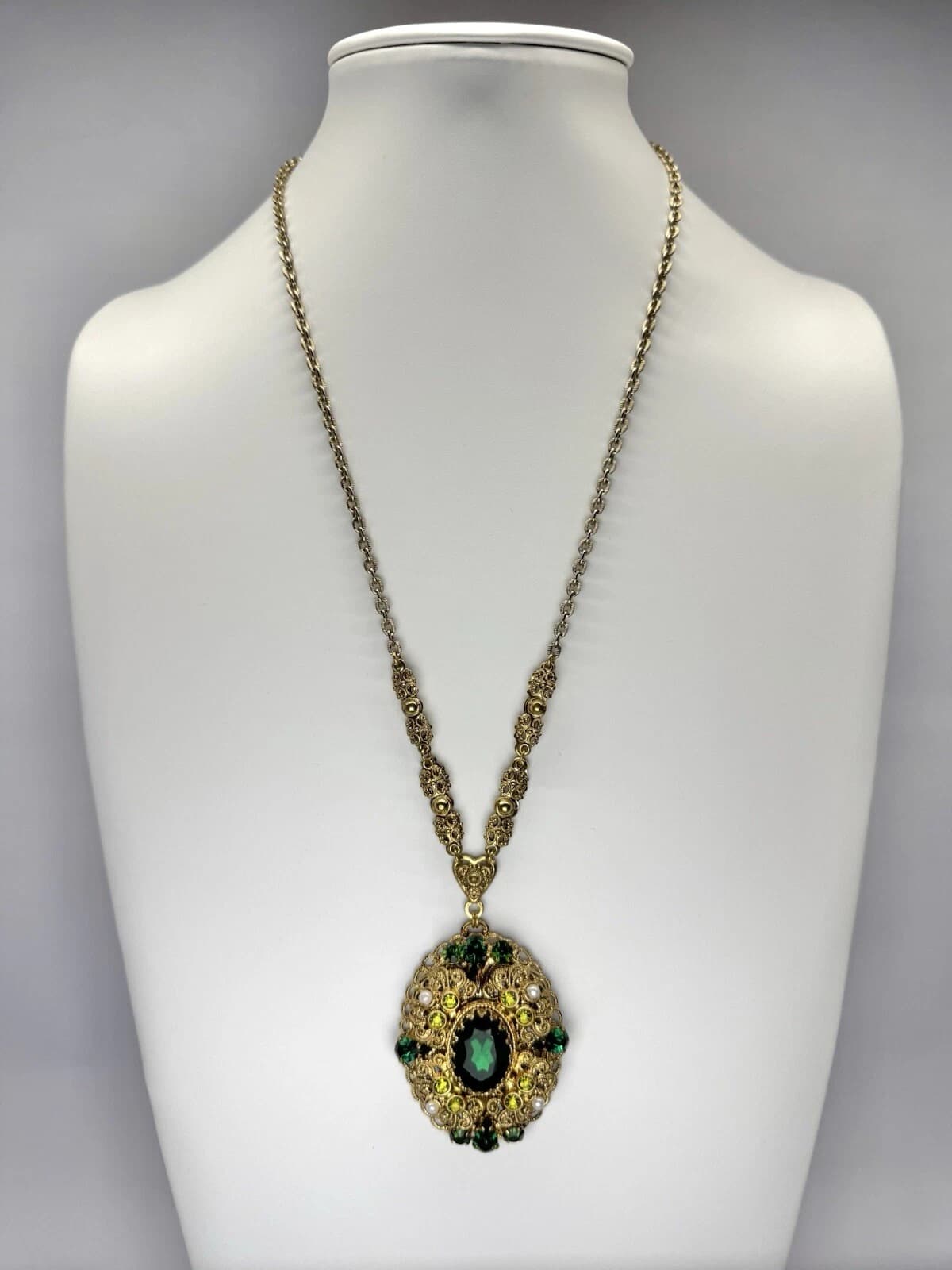 W. GERMANY Green Rhinestone Filigree Faux Pearl Vtg Necklace Jewelry N40 24”