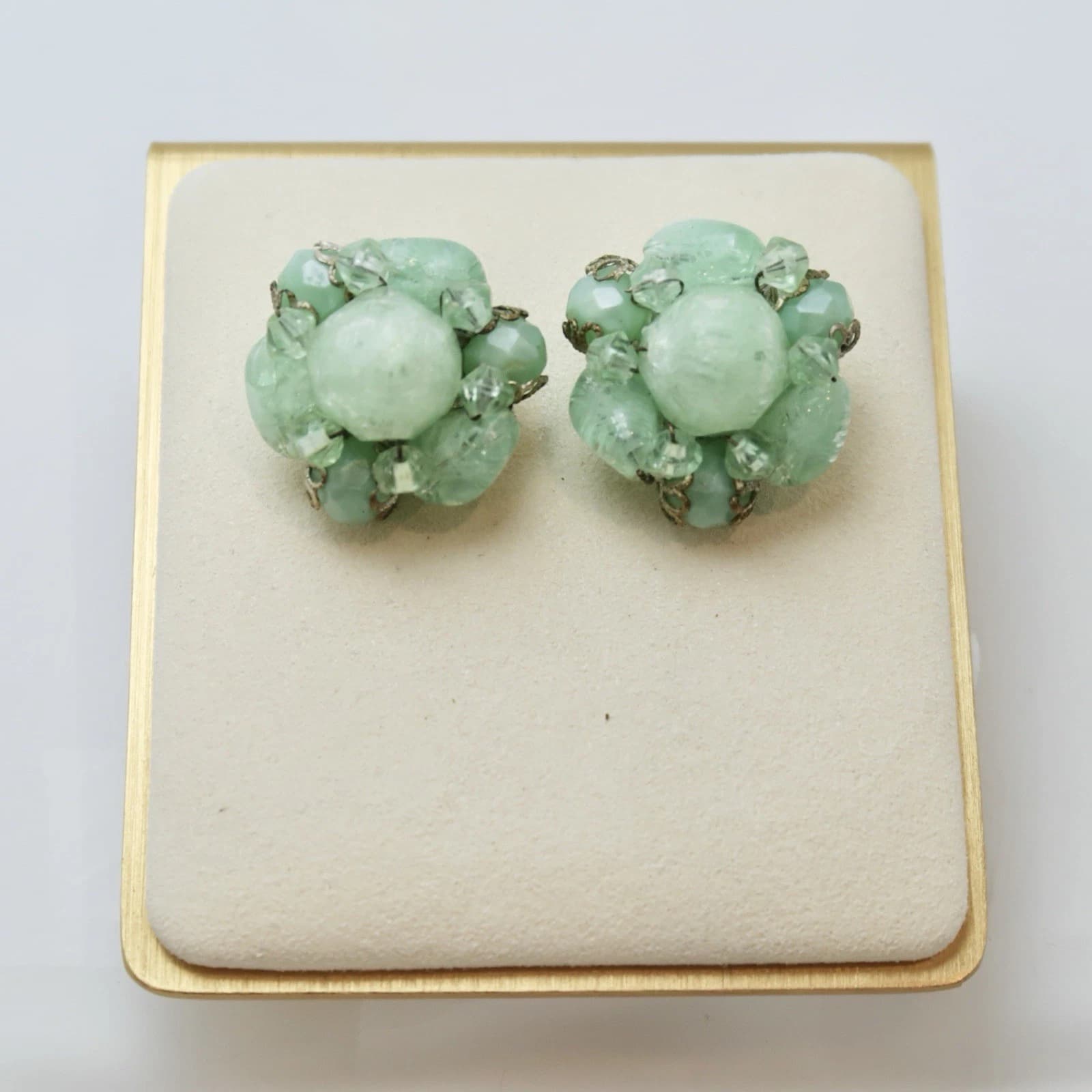 W. Germany Mint Green Glass Rhinestone Gold Tone Vintage Earring Jewelry E25