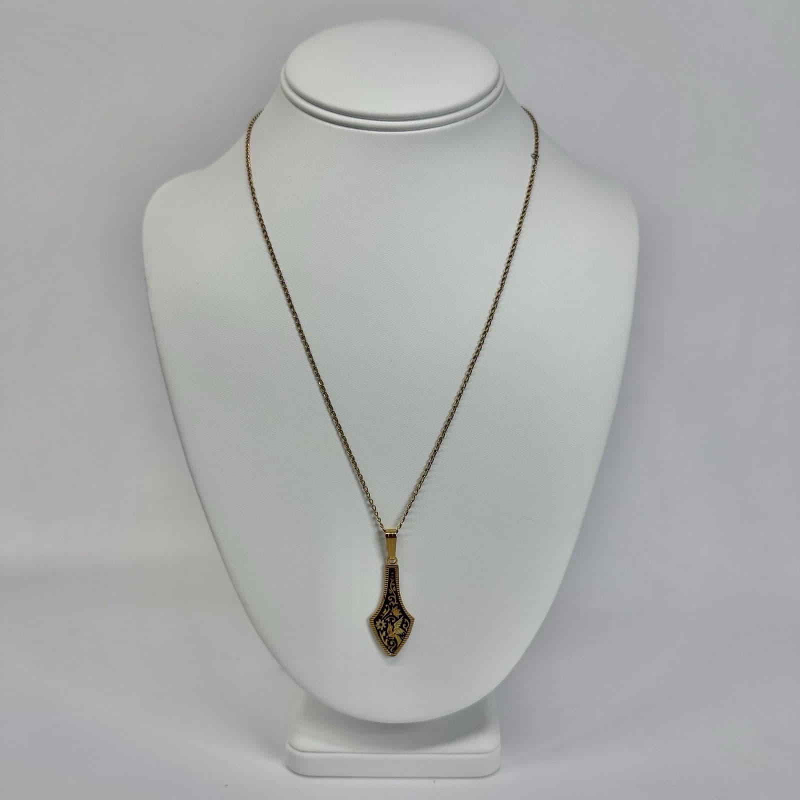 Damascene Floral Bird Filigree Gold Tone Pendant Vintage Necklace Jewelry N331