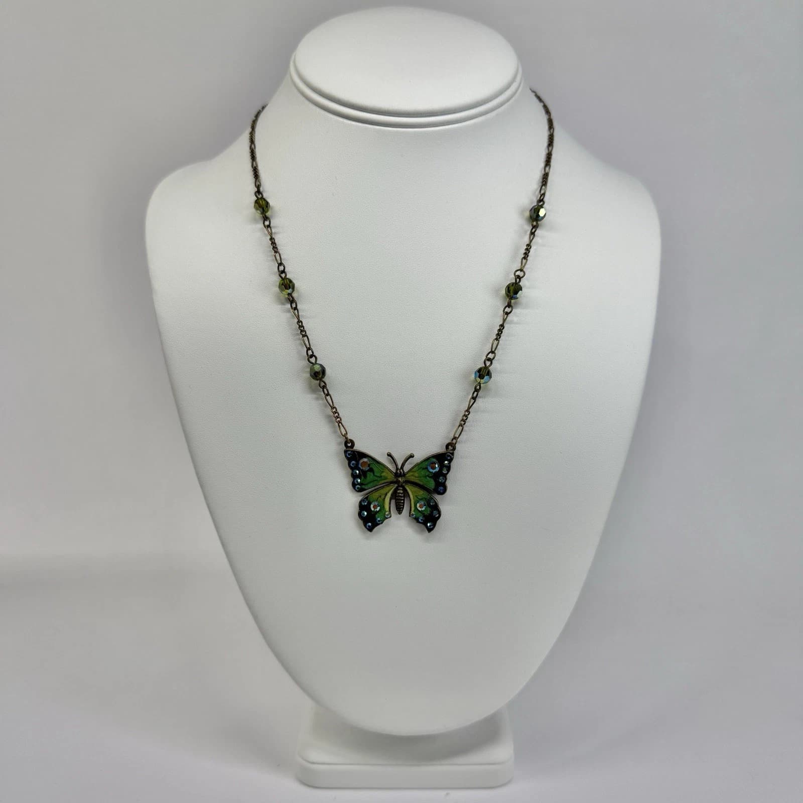 ANNE KOPLIK DESIGNS Butterfly Green Enamel Crystal Vintage Necklace Jewelry N384