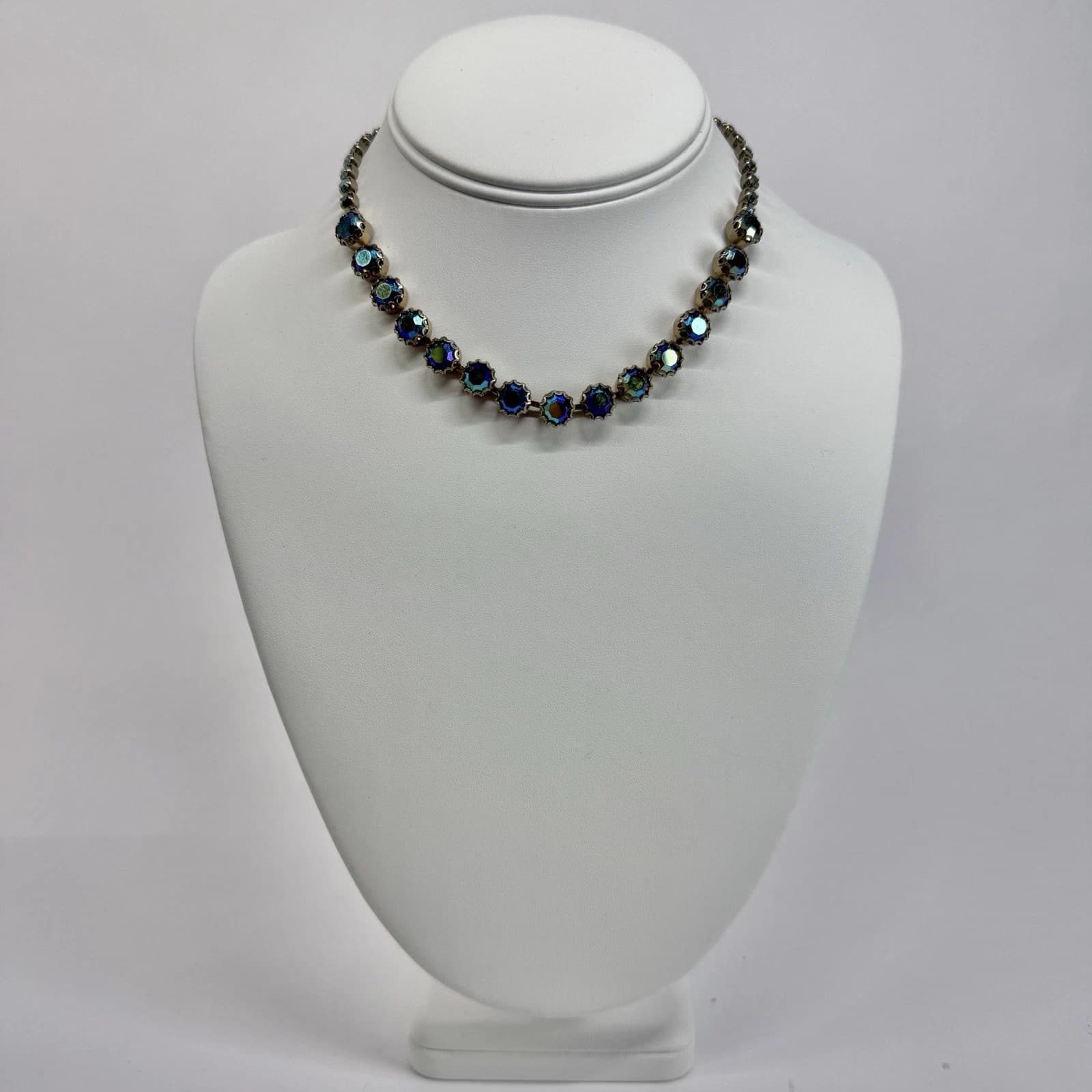WEISS AB Rhinestones Iridescent Blue Green Effect Vintage Necklace Jewelry N399