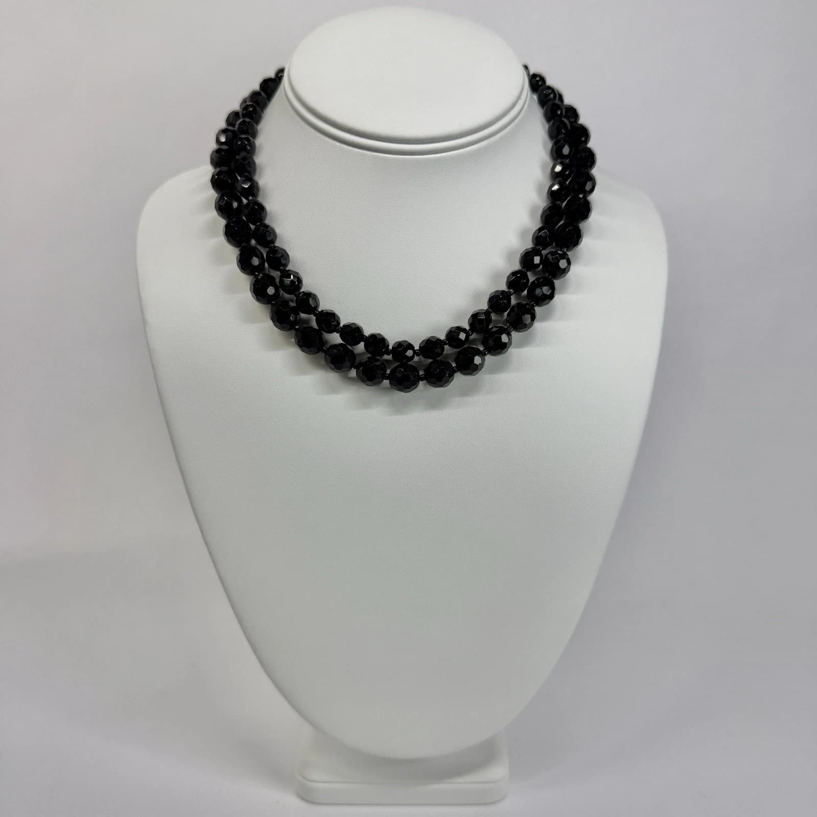 MIRIAM HASKELL Black Glass Faceted Two Strand Vintage Necklace Jewelry N420