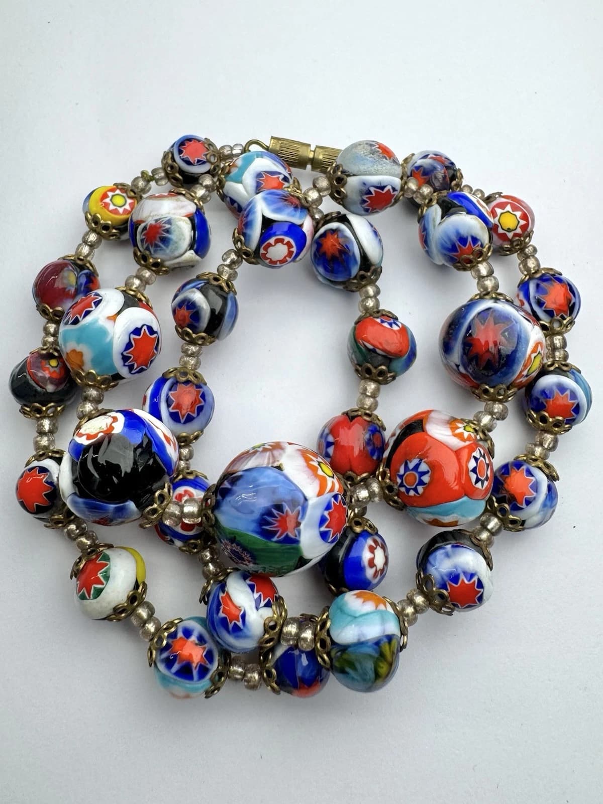 Italian Murano Hand Knot Millefiori Glass Bead Vintage Necklace Jewelry N100 21”
