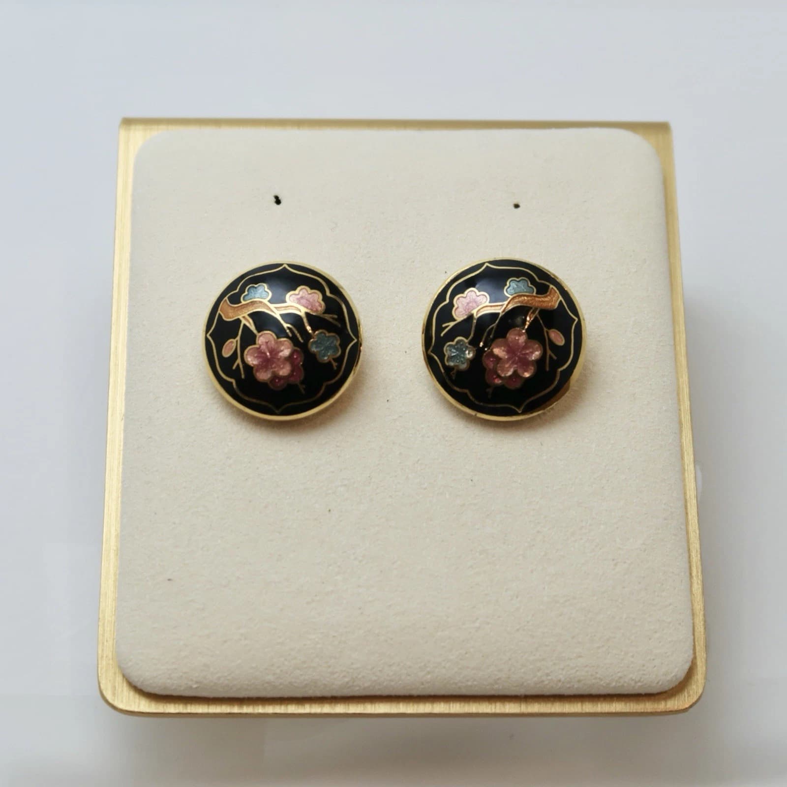Cloisonné Enamel Cherry Blossom Floral Design Vintage Earring Jewelry E09