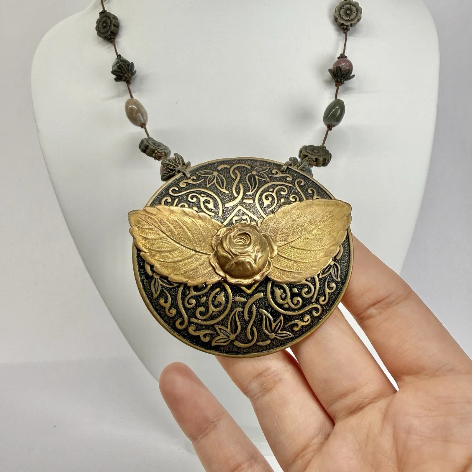 Elegant Ornate Floral Pendant Brass Tone Gem Beads Vintage Necklace Jewelry N497