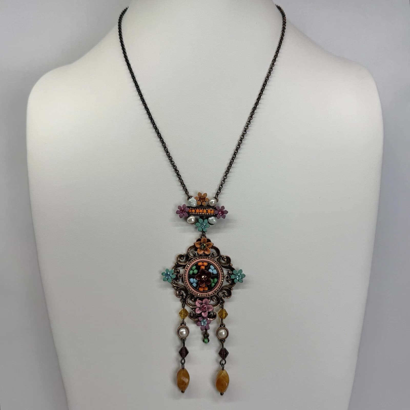 Elegant Floral Multicolor Chandelier Gold Tone Vintage Necklace Jewelry N246