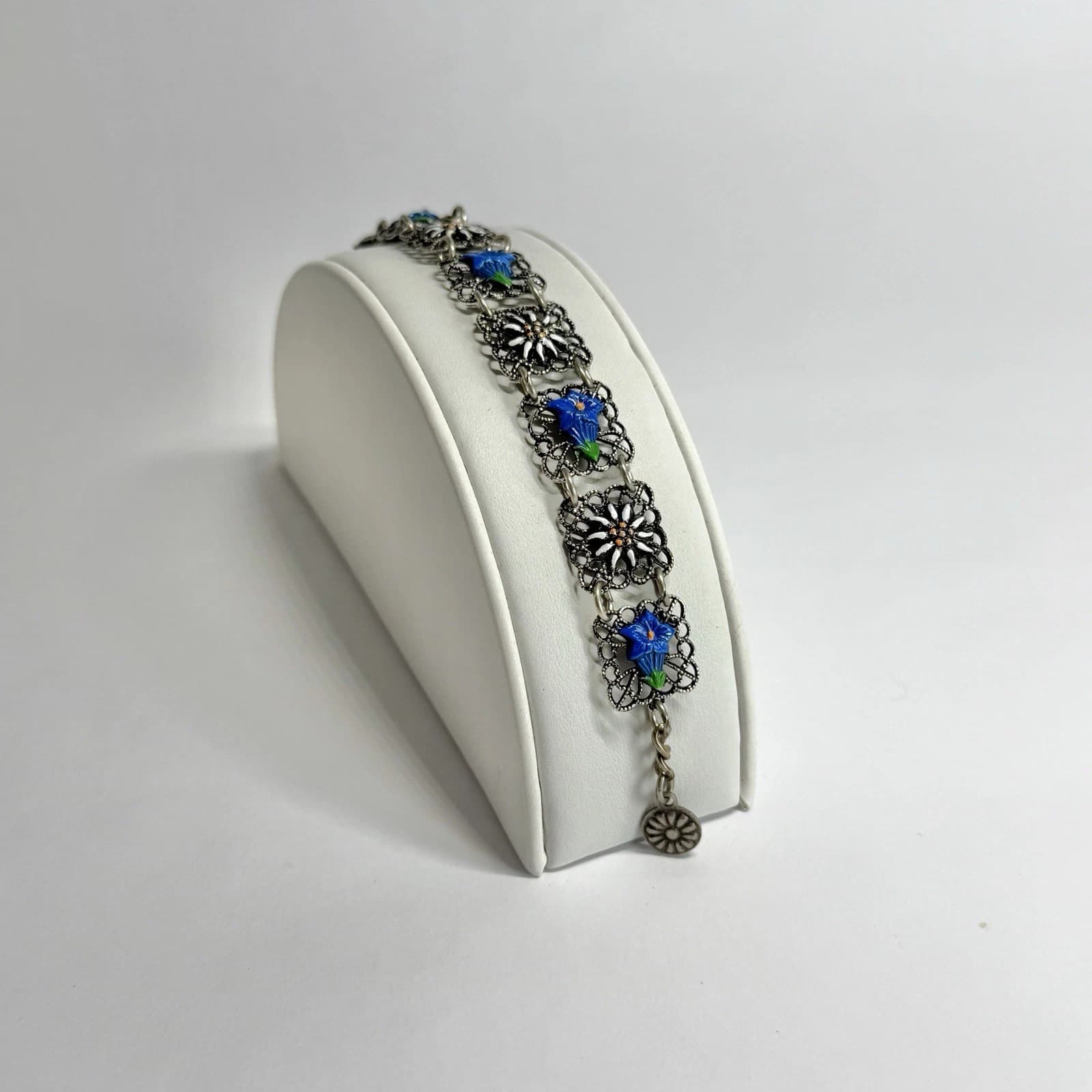 Edelweiss & Gentian Filigree Silver Tone Vintage Bracelet Jewelry Br227