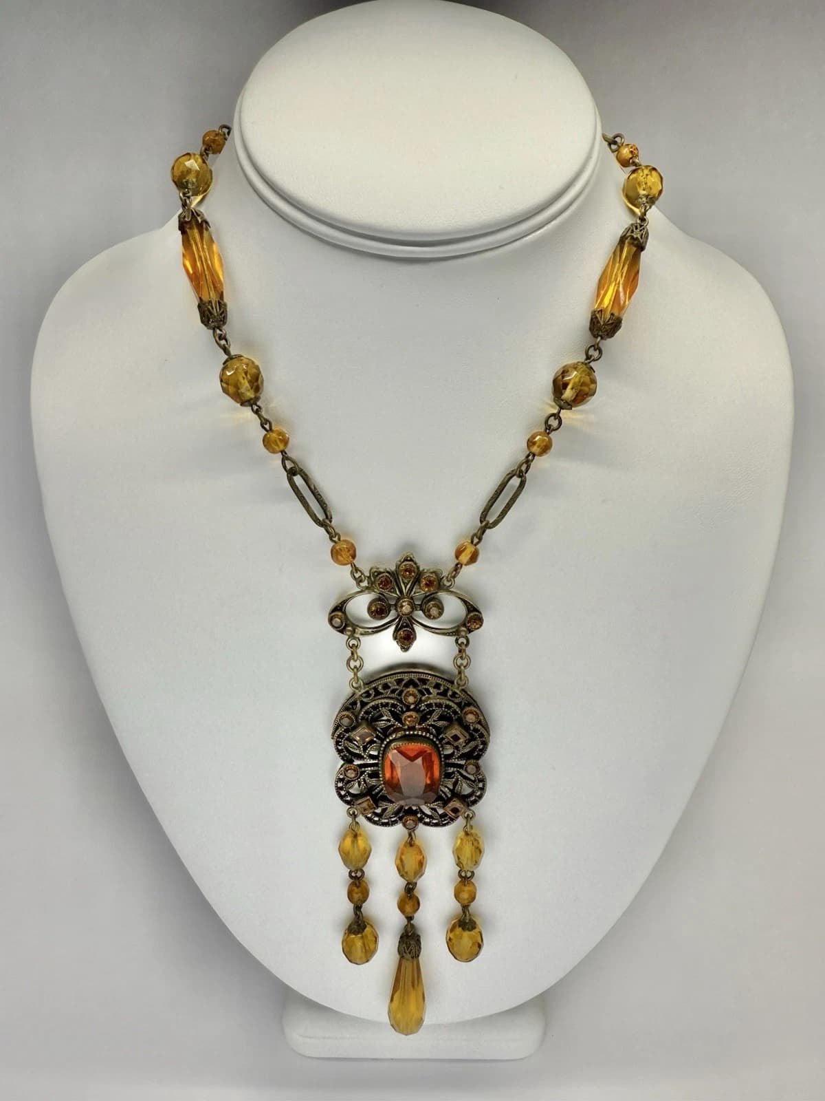 Art Deco Czech Amber Glass & Brass Beaded Pendant Vintage Necklace Jewelry N183