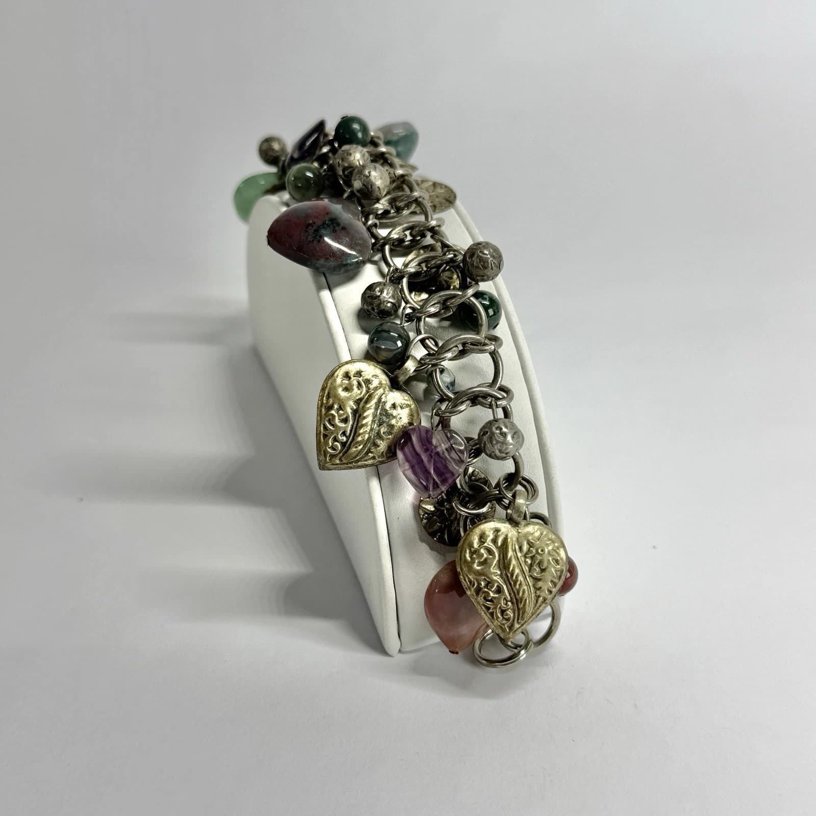 Elegant Dangling Puffy Heart Charms Silver Tone Vintage Bracelet Jewelry N286