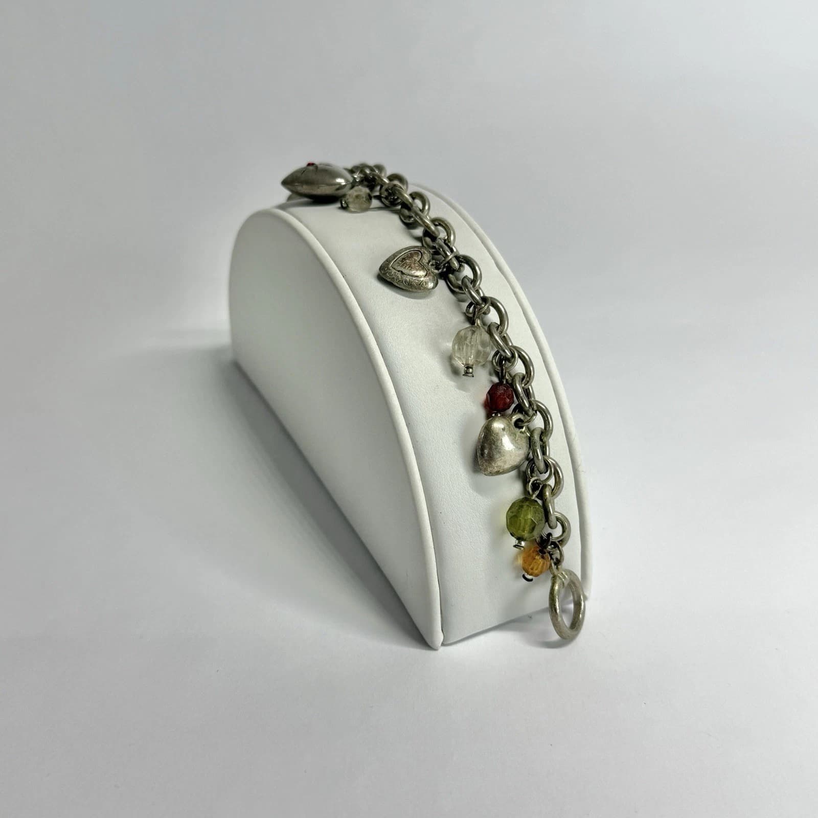 Elegant Dangling Puffy Heart Charms Silver Tone Vintage Bracelet Jewelry N264