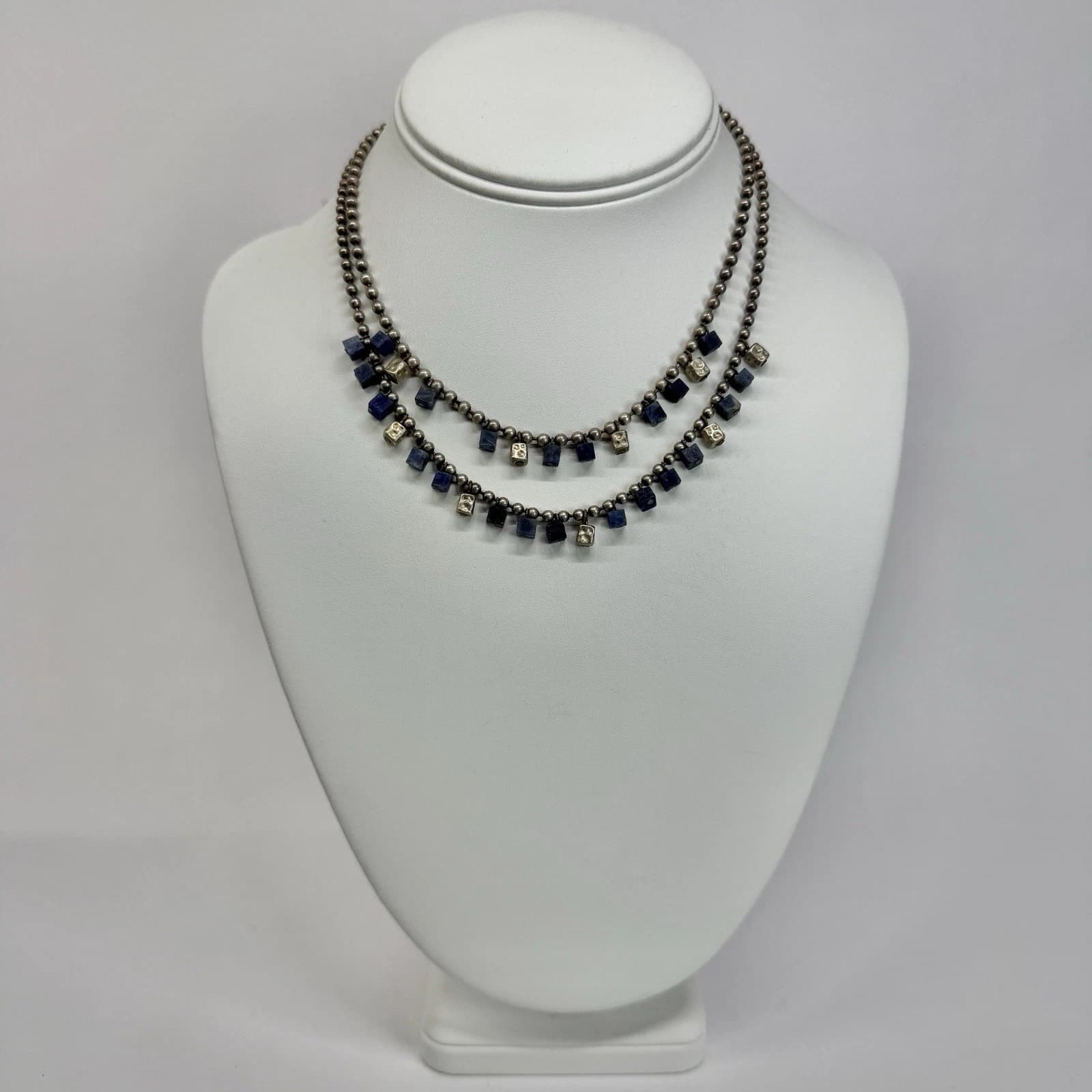 RALPH LAUREN Lapis Beaded Two-Layer Silver Tone Vintage Necklace Jewelry N588