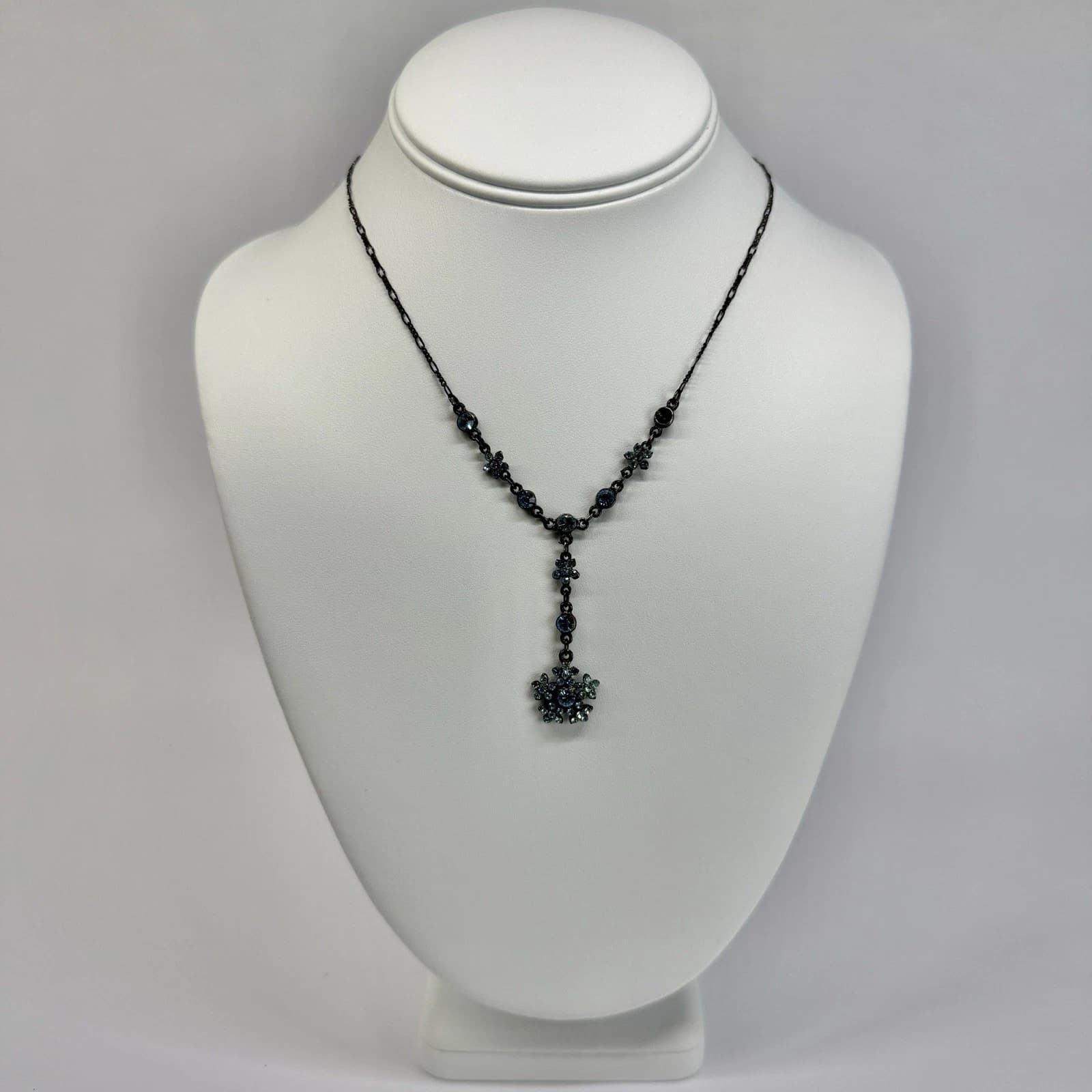 BELLAGIO USA Floral Crystal Dainty Y-Drop Silver Tone Vintage Necklace N676