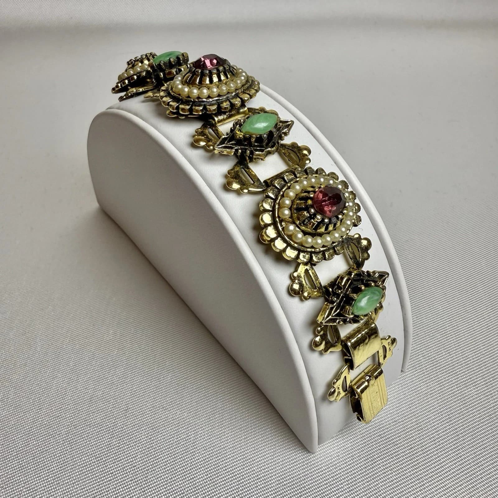 Ornate Book Link Green Citrine Faux Pearl Chunky Vintage Bracelet Jewelry Br130