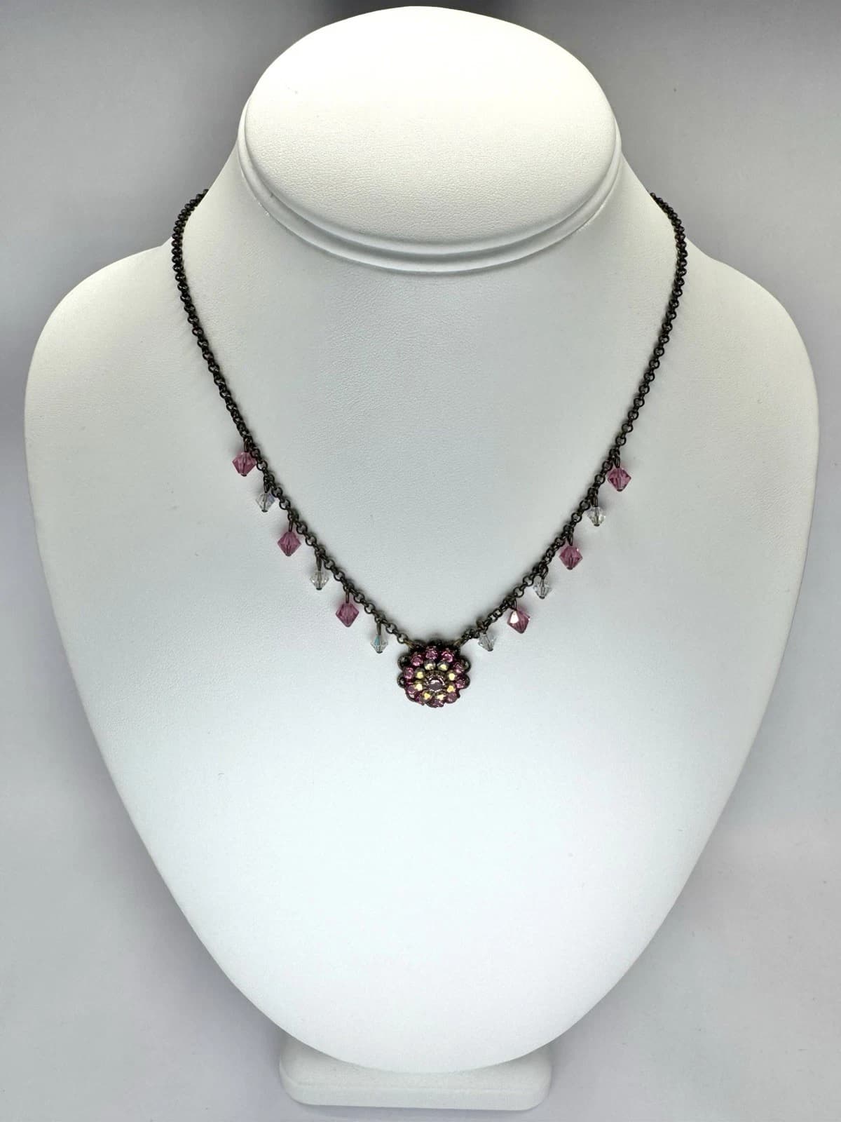 LIZ PALACIOS Brass Pink Swarovski Crystal Bead Floral Vintage Necklace N121