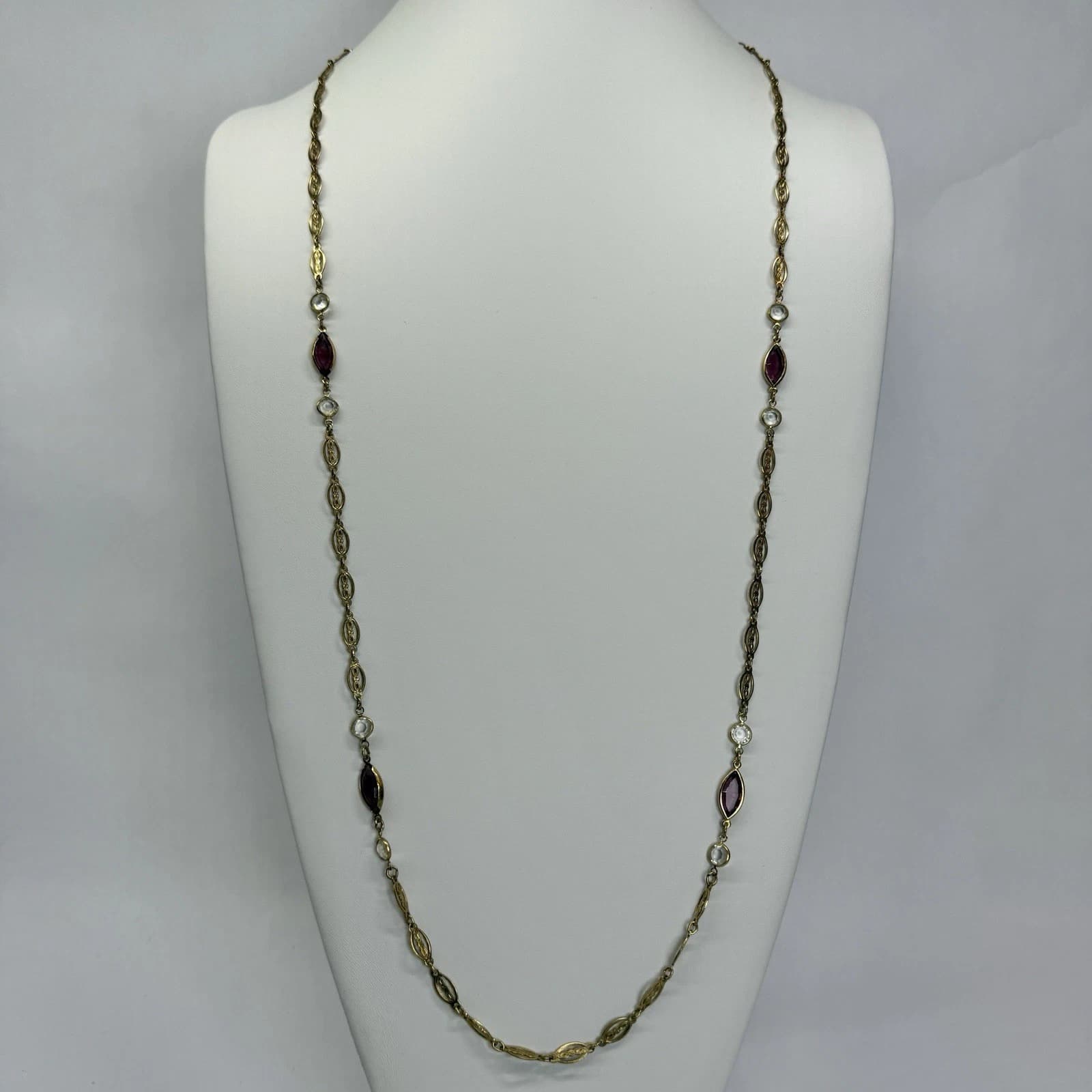 1928 Elegant Teardrop Clear Bezel Gold Tone Vintage Necklace Jewelry N228