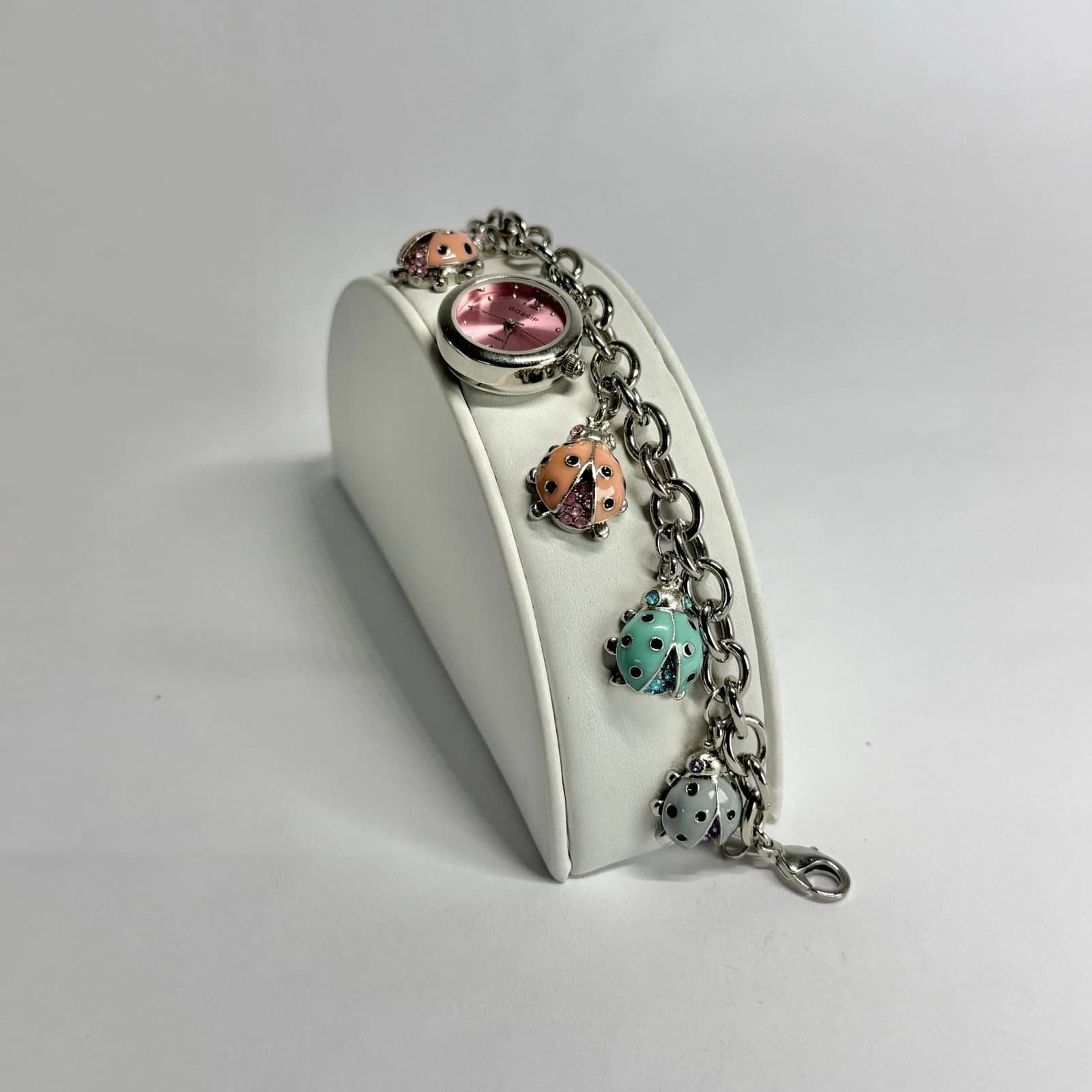 GOSSIP Watch Ladybug Charms Silver Tone Vintage Bracelet Jewelry Br295