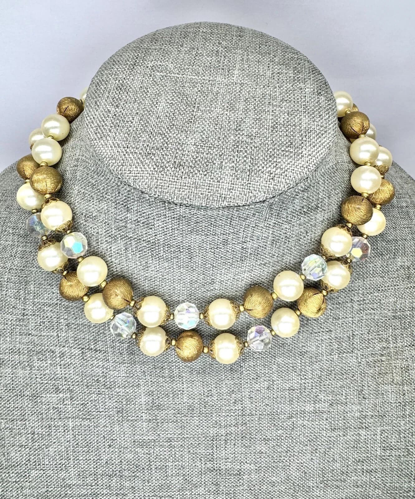 LISNER Aurora Borealis Beads 2-Strand Faux Pearl Vintage Necklace Jewelry N52