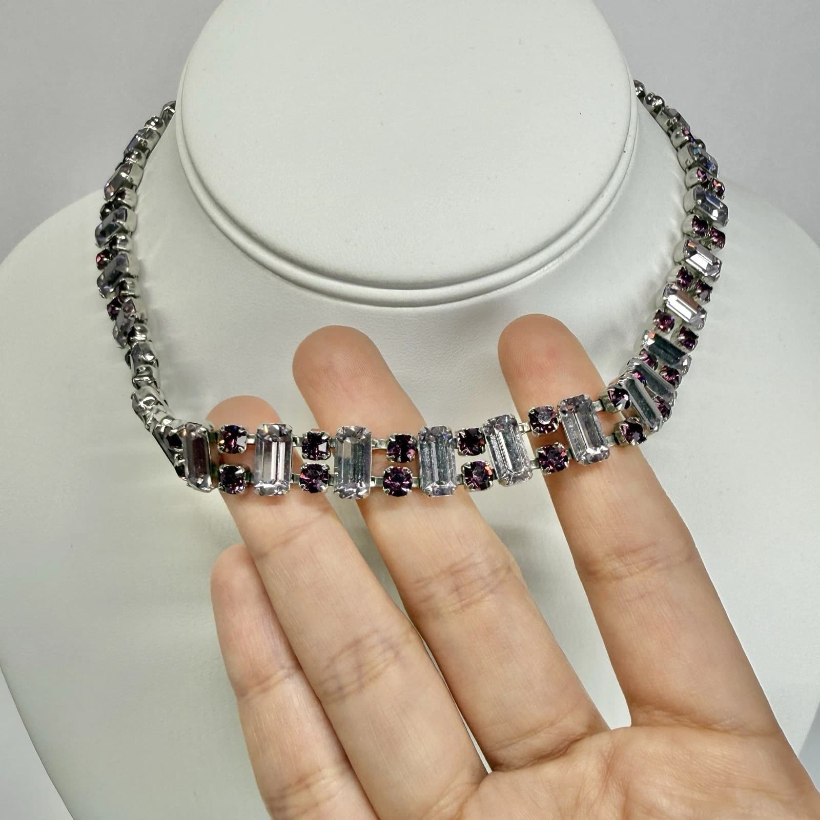 Elegant Purple Clear Crystals Choker Silver Tone Vintage Necklace Jewelry N519